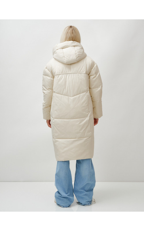 Длинный женский пуховик с капюшоном, бежевый. в Тюмени