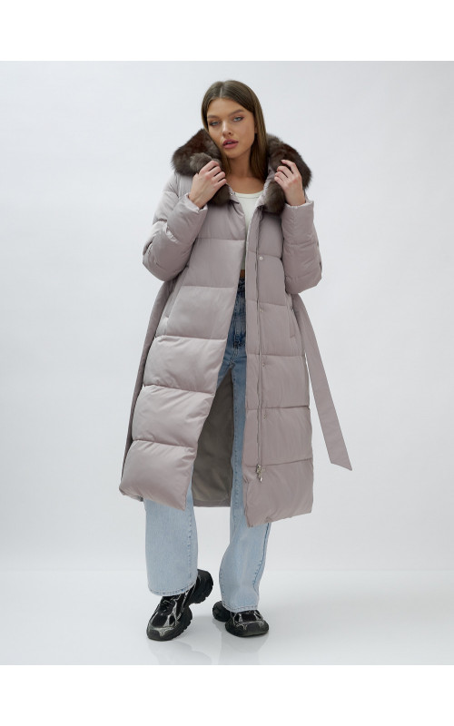 Длинный женский пуховик с мехом песца