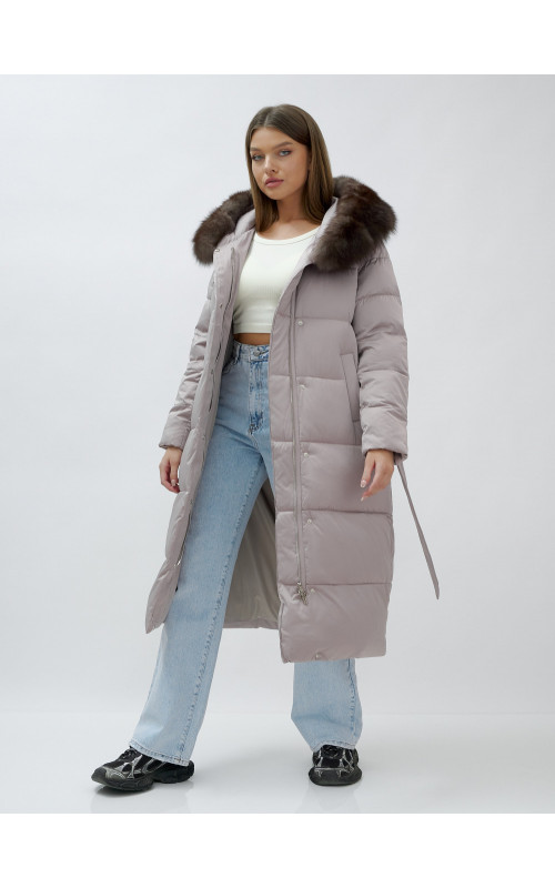 Длинный женский пуховик с мехом песца