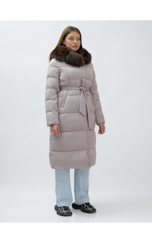 Длинный женский пуховик с мехом песца