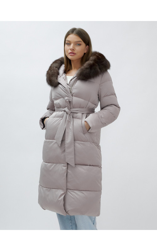 Длинный женский пуховик с мехом песца