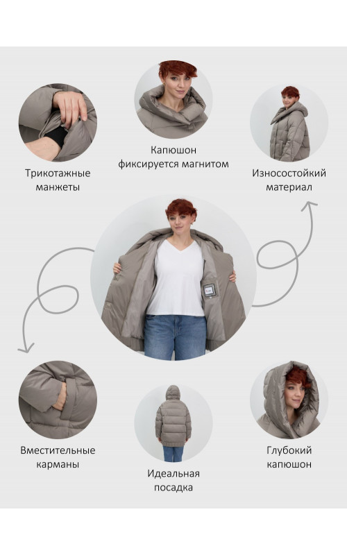 Женский модный пуховик с капюшоном, коричневый. в Тюмени