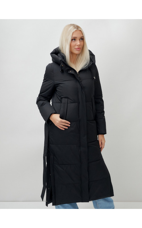 Тёплый женский пуховик с поясом и капюшоном.