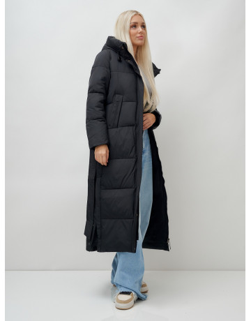 Тёплый женский пуховик с поясом и капюшоном.