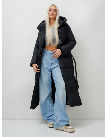 Тёплый женский пуховик с поясом и капюшоном.