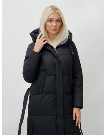 Тёплый женский пуховик с поясом и капюшоном.