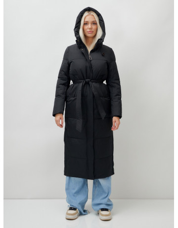 Тёплый женский пуховик с поясом и капюшоном.