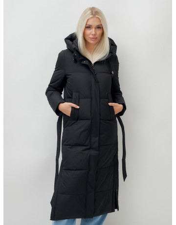 Тёплый женский пуховик с поясом и капюшоном.