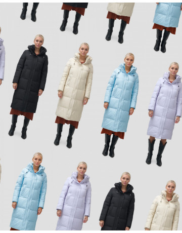 Длинный женский пуховик с капюшоном