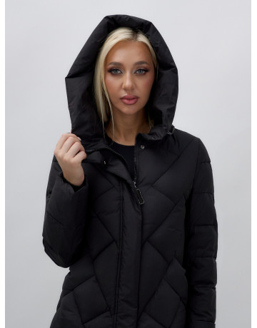 Длинный женский пуховик прямого кроя с капюшоном.