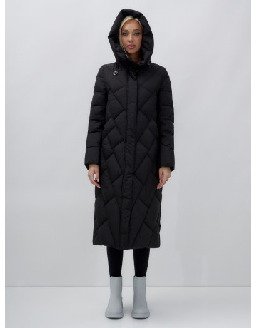 Длинный женский пуховик прямого кроя с капюшоном.