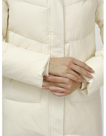 Женский зимний пуховик с капюшоном, светло-бежевый, удлинённый. в Тюмени