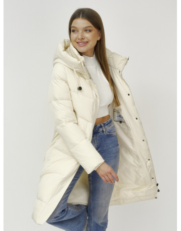 Женский зимний пуховик с капюшоном, светло-бежевый, удлинённый. в Тюмени