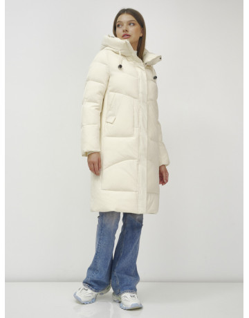 Женский зимний пуховик с капюшоном, светло-бежевый, удлинённый. в Тюмени