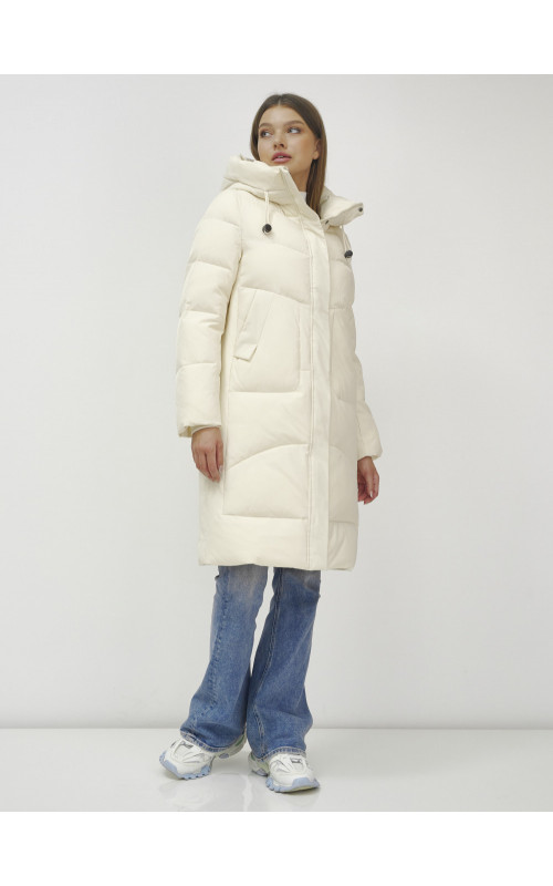 Женский зимний пуховик с капюшоном, светло-бежевый, удлинённый. в Тюмени