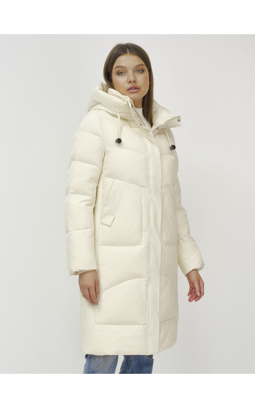 Женский зимний пуховик с капюшоном, светло-бежевый, удлинённый. в Тюмени
