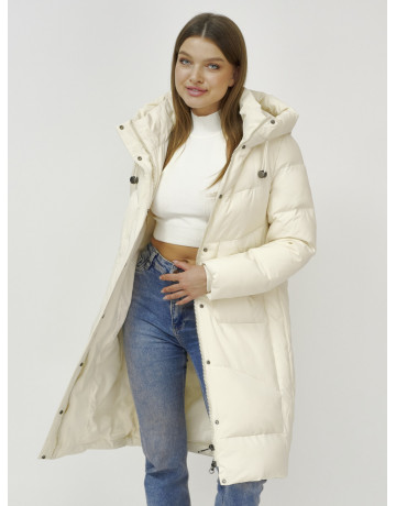 Женский зимний пуховик с капюшоном, светло-бежевый, удлинённый. в Тюмени