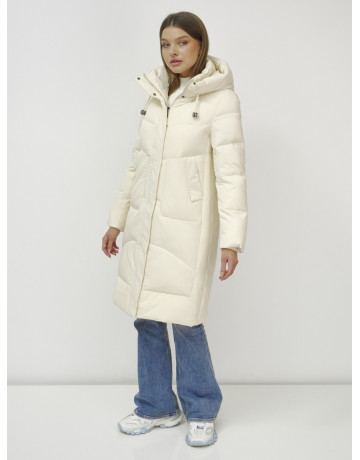 Женский зимний пуховик с капюшоном, светло-бежевый, удлинённый. в Тюмени