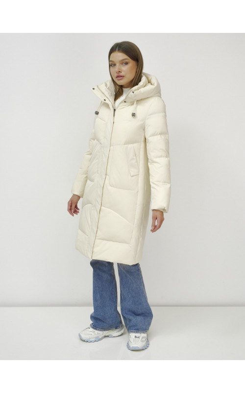 Женский зимний пуховик с капюшоном, светло-бежевый, удлинённый. в Тюмени