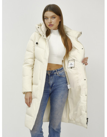 Женский зимний пуховик с капюшоном, светло-бежевый, удлинённый. в Тюмени