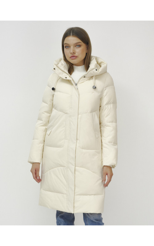 Женский зимний пуховик с капюшоном, светло-бежевый, удлинённый. в Тюмени