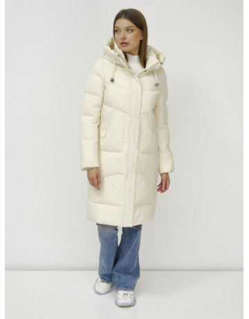Женский зимний пуховик с капюшоном, светло-бежевый, удлинённый. в Тюмени