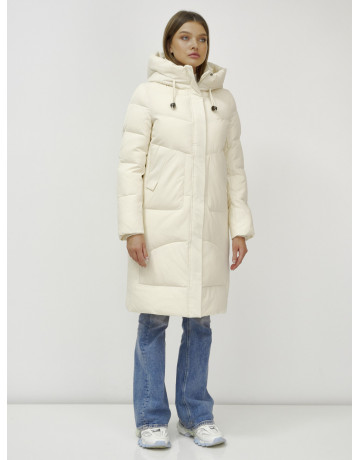 Женский зимний пуховик с капюшоном, светло-бежевый, удлинённый. в Тюмени