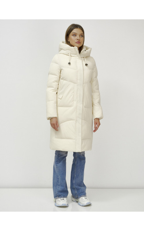 Женский зимний пуховик с капюшоном, светло-бежевый, удлинённый. в Тюмени