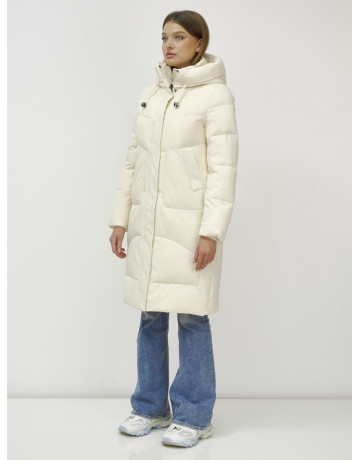 Женский зимний пуховик с капюшоном, светло-бежевый, удлинённый. в Тюмени