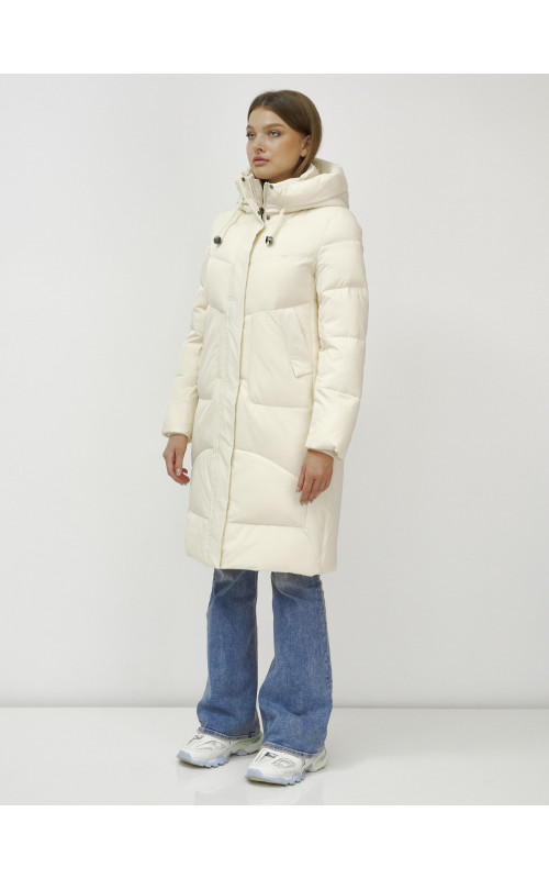 Женский зимний пуховик с капюшоном, светло-бежевый, удлинённый. в Тюмени