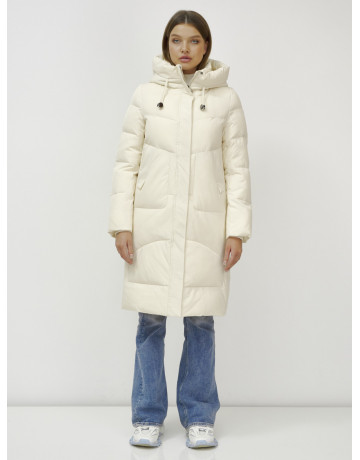 Женский зимний пуховик с капюшоном, светло-бежевый, удлинённый. в Тюмени
