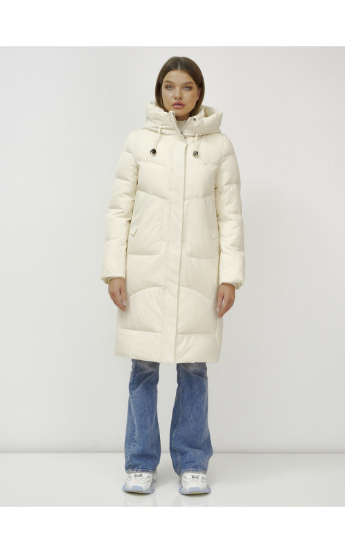 Женский зимний пуховик с капюшоном, светло-бежевый, удлинённый. в Тюмени