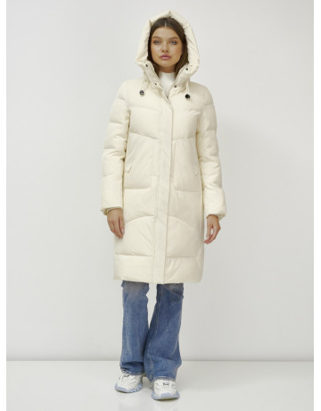 Женский зимний пуховик с капюшоном, светло-бежевый, удлинённый. в Тюмени
