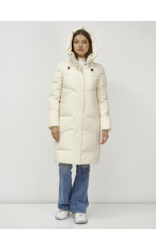 Женский зимний пуховик с капюшоном, светло-бежевый, удлинённый. в Тюмени
