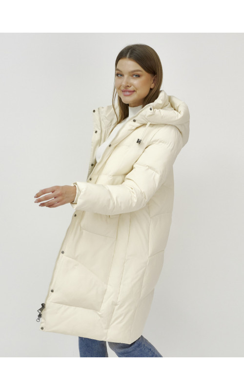 Женский зимний пуховик с капюшоном, светло-бежевый, удлинённый. в Тюмени