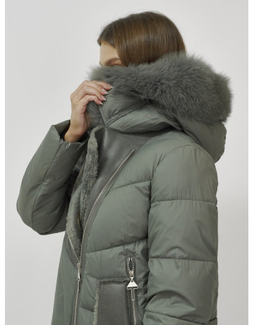 Женский зимний пуховик премиум-класса с мехом енота, зелёный. в Тюмени