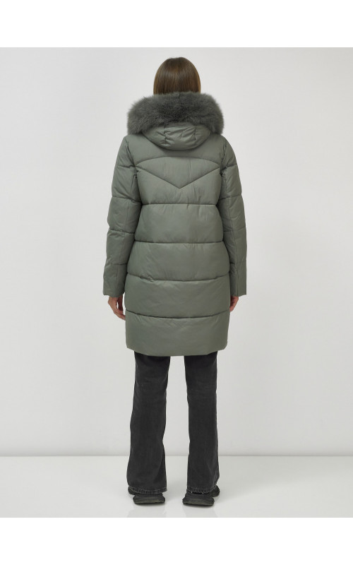 Женский зимний пуховик премиум-класса с мехом енота, зелёный. в Тюмени