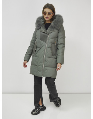 Женский зимний пуховик премиум-класса с мехом енота, зелёный. в Тюмени