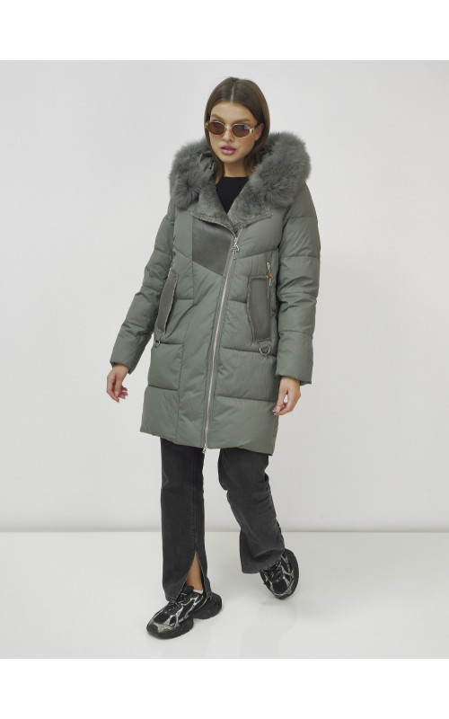 Женский зимний пуховик премиум-класса с мехом енота, зелёный. в Тюмени