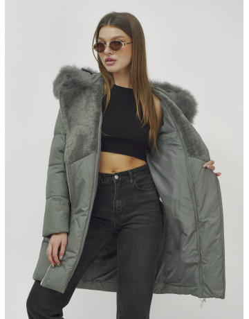 Женский зимний пуховик премиум-класса с мехом енота, зелёный. в Тюмени