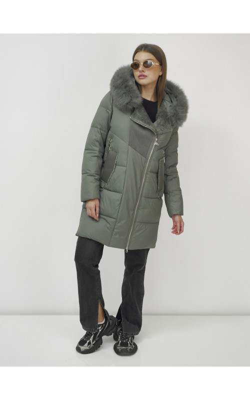Женский зимний пуховик премиум-класса с мехом енота, зелёный. в Тюмени