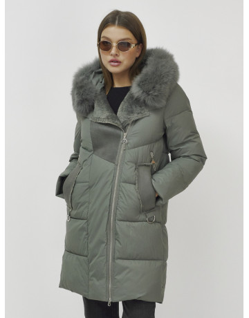 Женский зимний пуховик премиум-класса с мехом енота, зелёный. в Тюмени