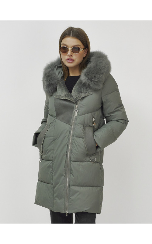 Женский зимний пуховик премиум-класса с мехом енота, зелёный. в Тюмени