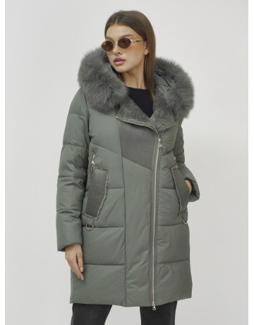 Женский зимний пуховик премиум-класса с мехом енота, зелёный. в Тюмени
