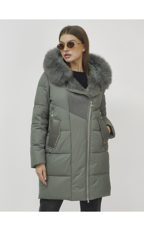 Женский зимний пуховик премиум-класса с мехом енота, зелёный. в Тюмени