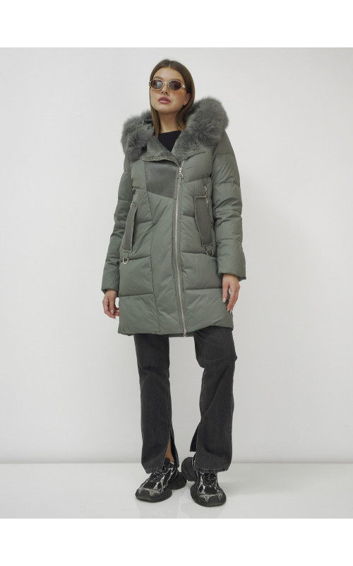 Женский зимний пуховик премиум-класса с мехом енота, зелёный. в Тюмени