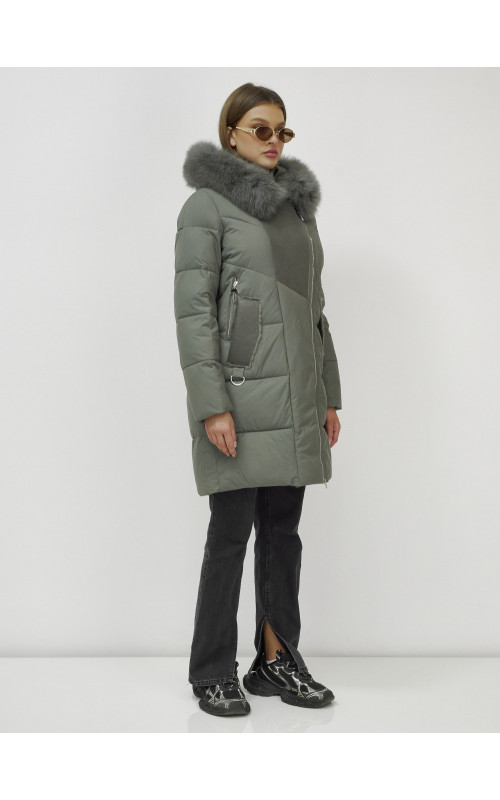 Женский зимний пуховик премиум-класса с мехом енота, зелёный. в Тюмени