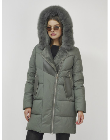 Женский зимний пуховик премиум-класса с мехом енота, зелёный. в Тюмени