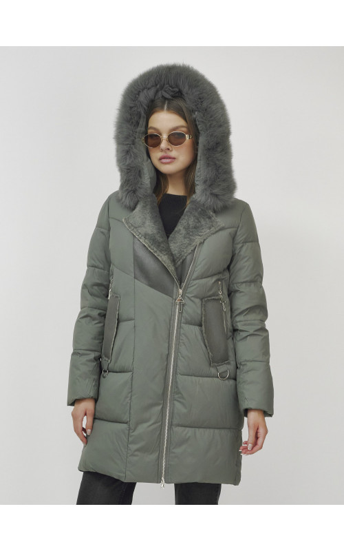 Женский зимний пуховик премиум-класса с мехом енота, зелёный. в Тюмени