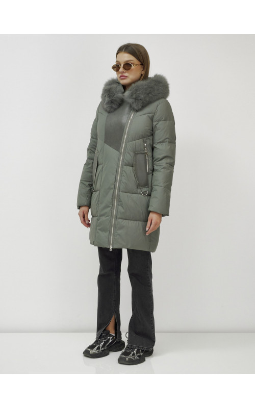 Женский зимний пуховик премиум-класса с мехом енота, зелёный. в Тюмени